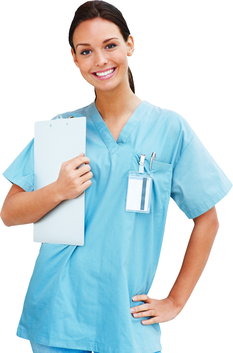 A caregiver holding a notepad and smiling.